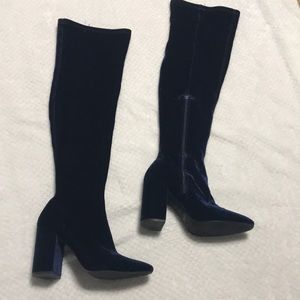 Zara Navy Blue Velvet Knee-High Block Heel Boots